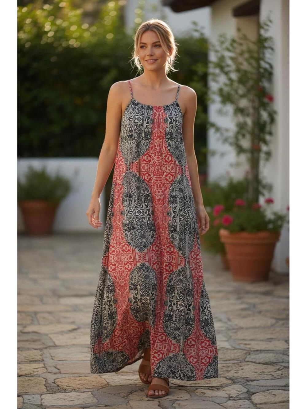 Bohemian Maxi Dress with Geometric Pattern SZ Medium - Picture 2 of 4